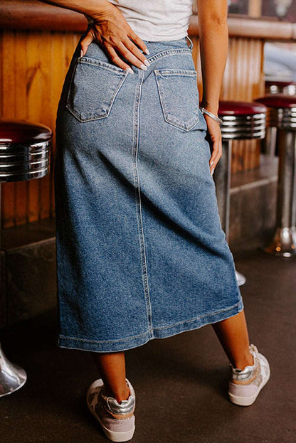 Who`s That Girl Front Slit Midi Denim Skirt