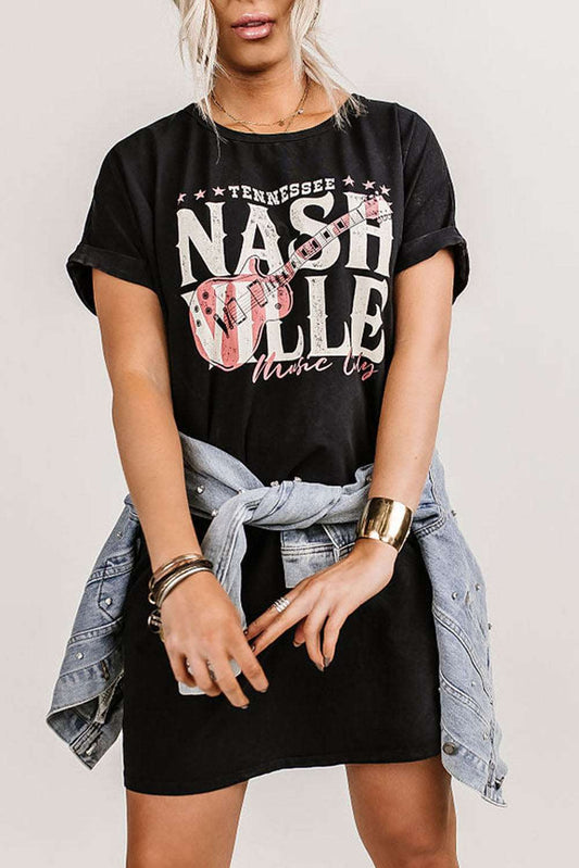 A woman wearing a Nashville Music Festival T-Shirt Dress, showcasing casual fashion with a black shirt.