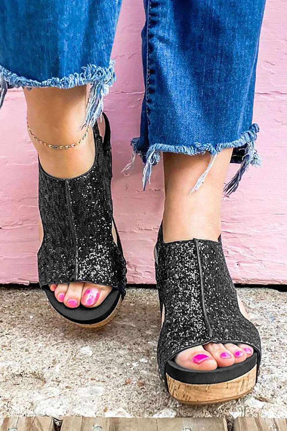 The Sassafras Sequin Wedge Sandals