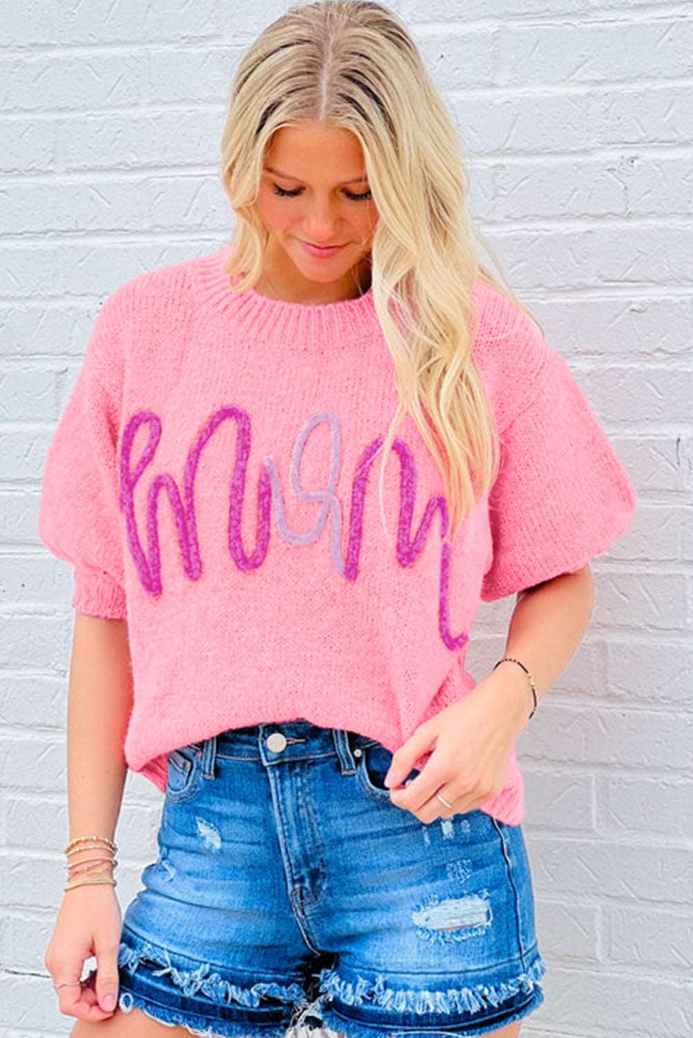 Pink Mom Tinsel Embroidered Short Puff Sleeve Sweater