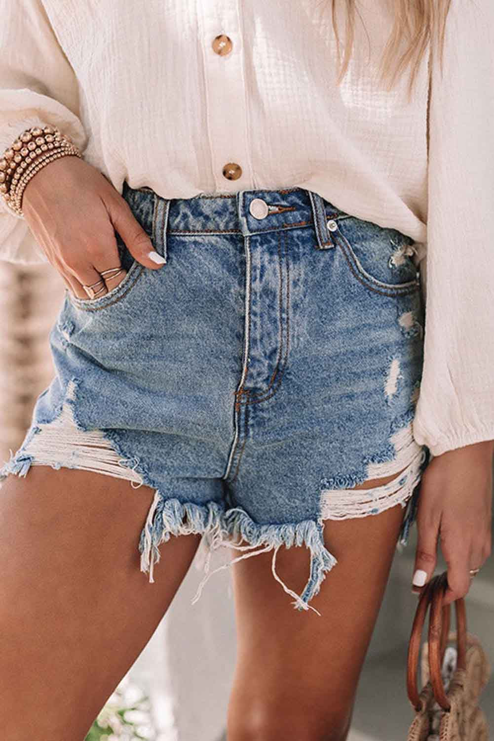 Surfs Up Distressed High Waisted Denim Shorts