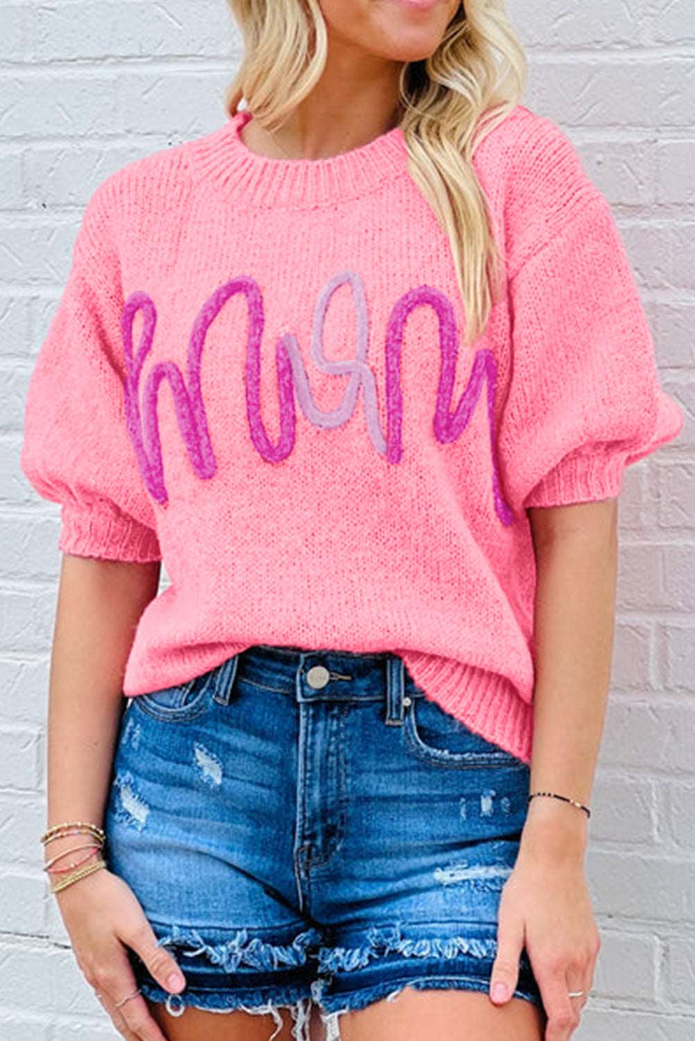 Pink Mom Tinsel Embroidered Short Puff Sleeve Sweater