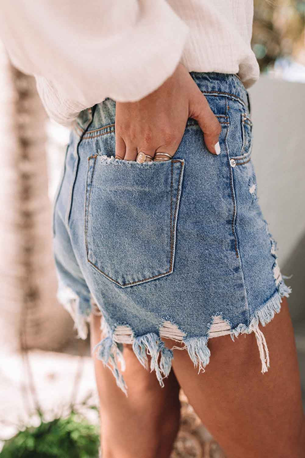 Surfs Up Distressed High Waisted Denim Shorts