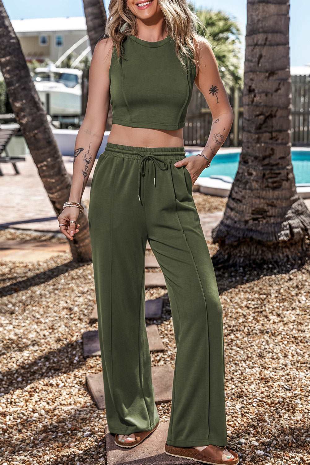 Go With It Cropped Tank Top and Wide Leg Pants Set