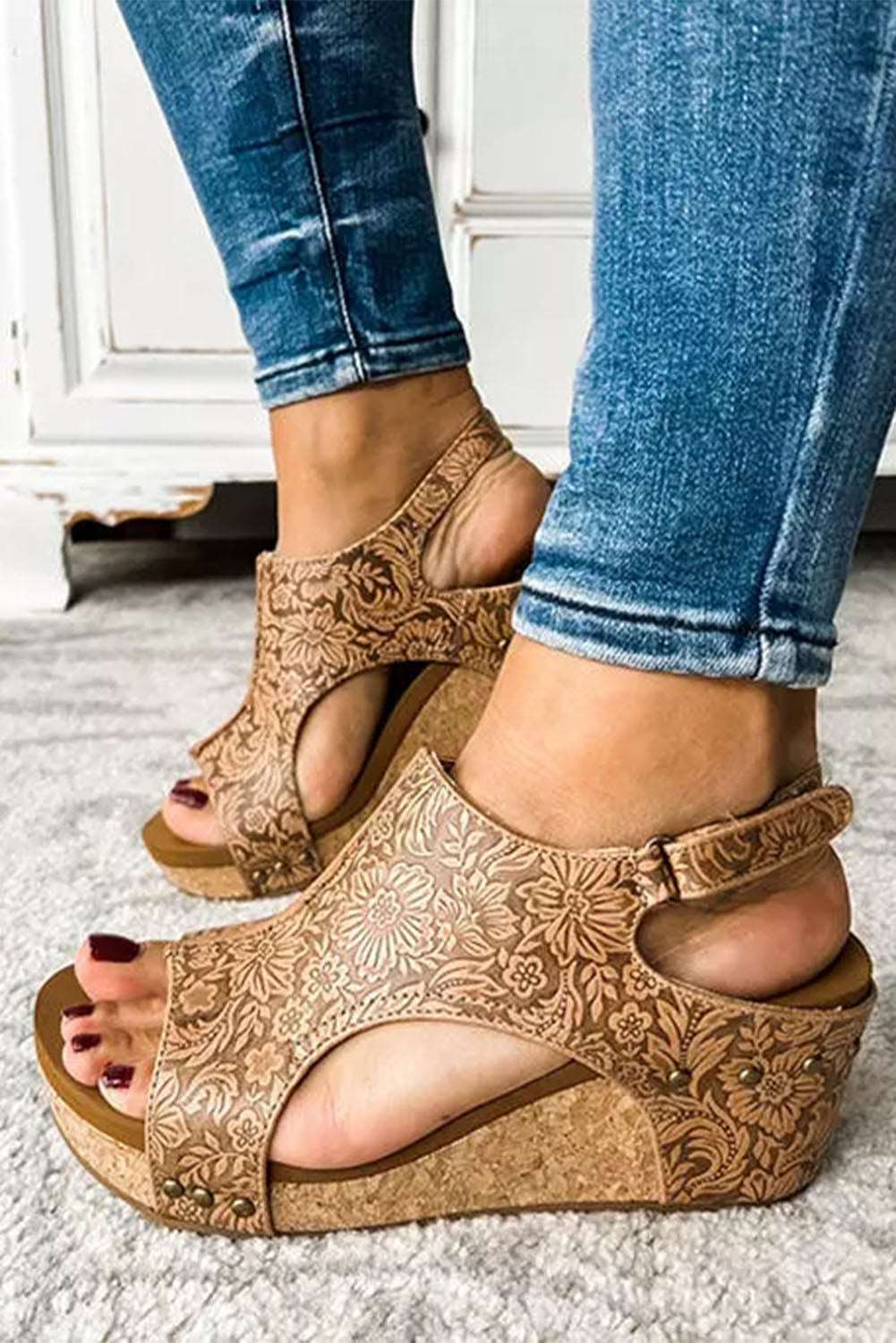 The Evie Floral Cut Out Wedge Sandals